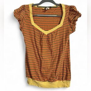 Sidecca Brown And Yellow Striped Short Puffy Sleeve Top y2k top